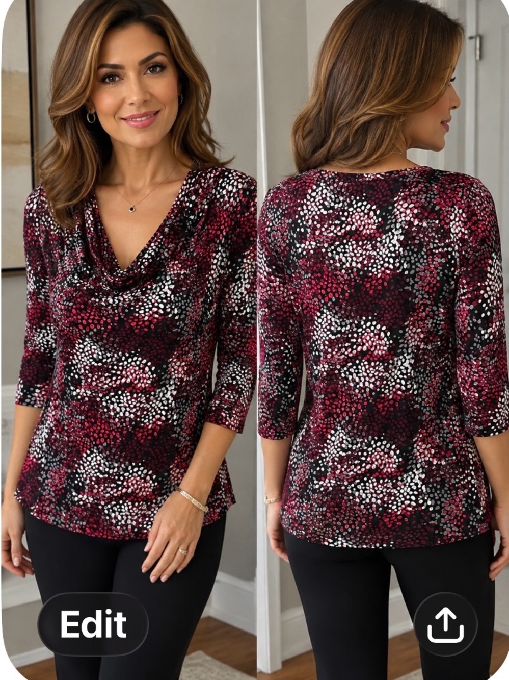 Women's Burgundy Printed Cowl Neck Top
